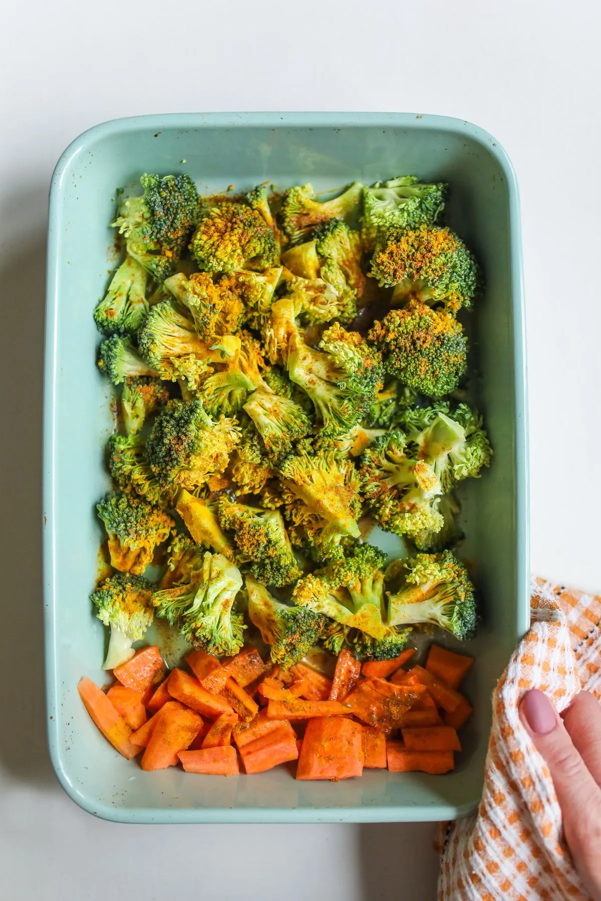 Broccoli florets on a baking tray