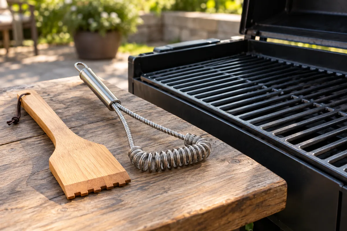 Bristle-free tools for cleaning a grill — AI illustration