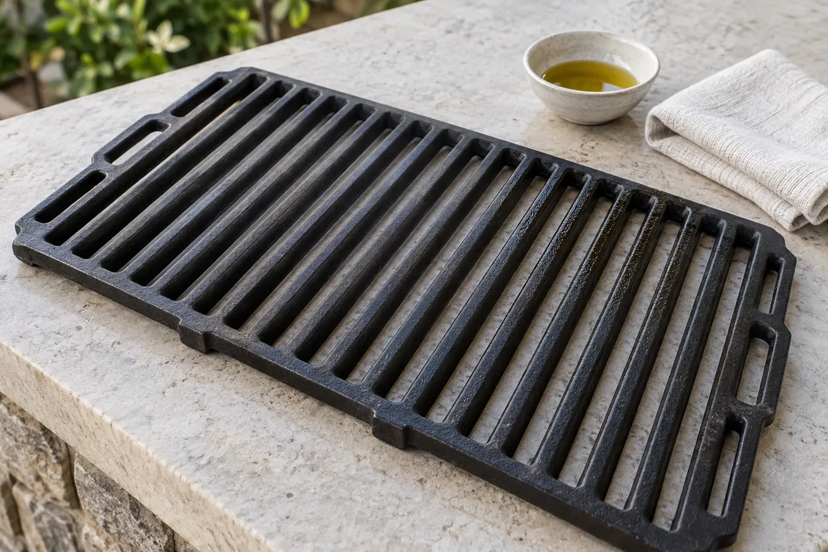 Cast-iron grate with oil and a cloth for maintenance — AI illustration