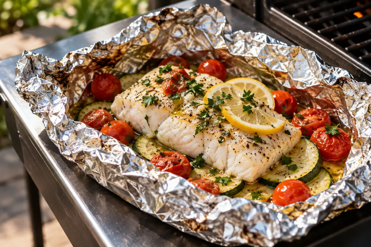 Cod and vegetables in a foil parcel — AI illustration