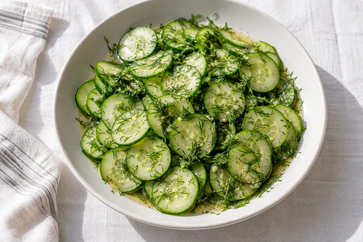 Thin cucumber slices with dill dressing — AI illustration