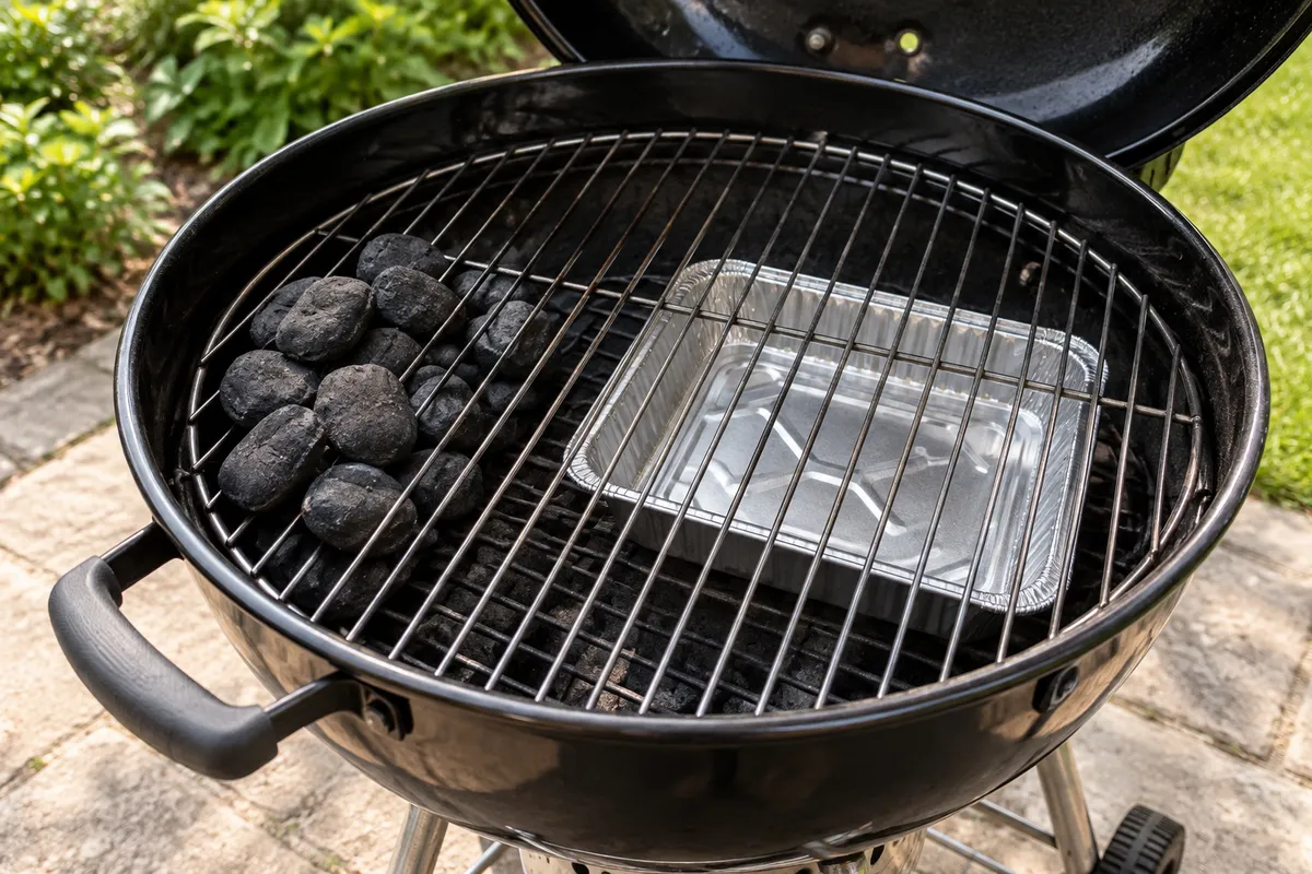 A drip pan positioned beneath a grill grate — AI illustration