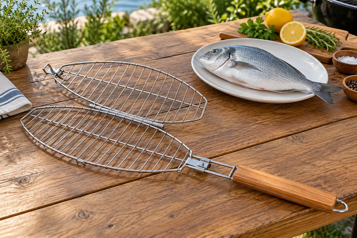 An open fish grilling basket beside a fish — AI illustration