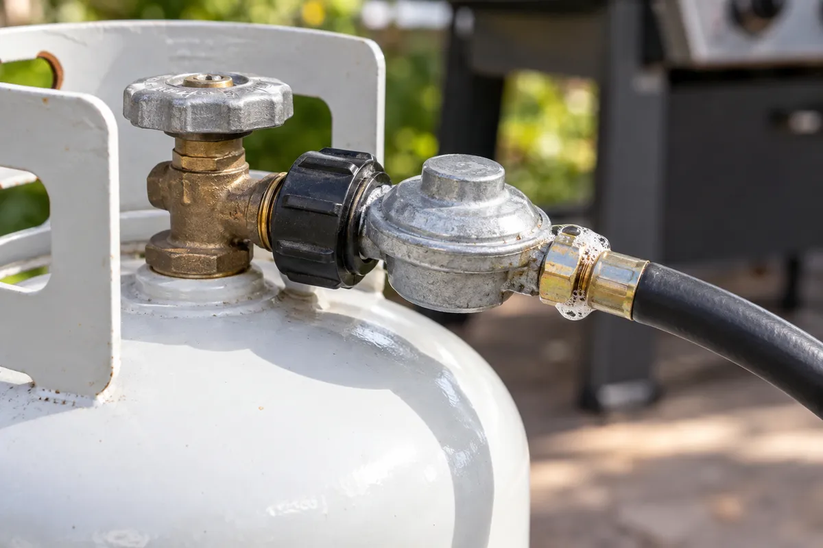 Soapy solution on a barbecue gas connection — AI illustration