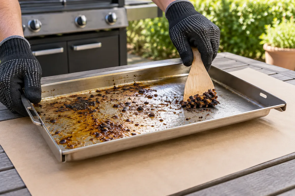 Cleaning a removed cool grease tray — AI illustration