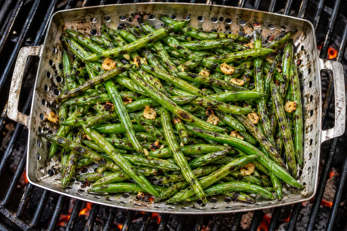 Green beans in a grill basket — AI illustration