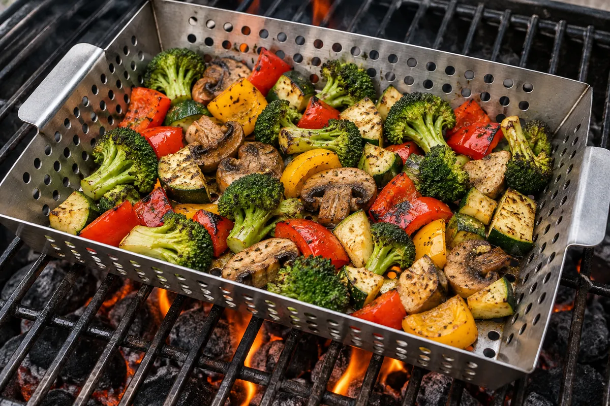 Small vegetables contained in a grill basket — AI illustration