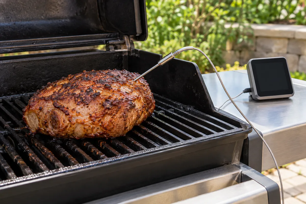 A wired cooking probe in a roast — AI illustration