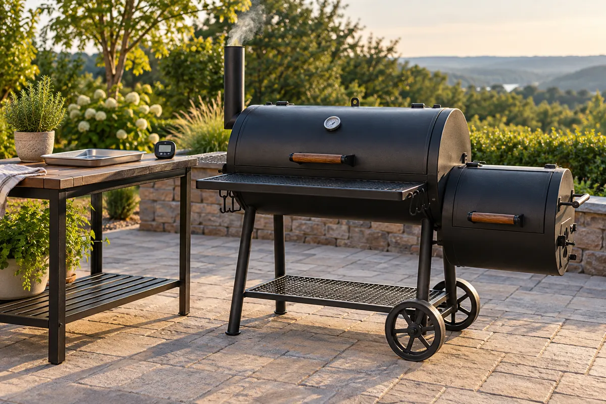 An offset smoker on a paved patio — AI illustration
