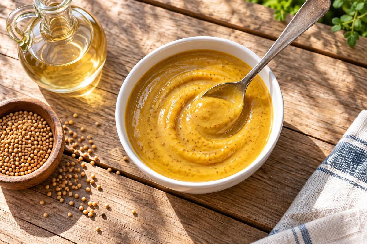 Golden mustard barbecue sauce in a bowl — AI illustration