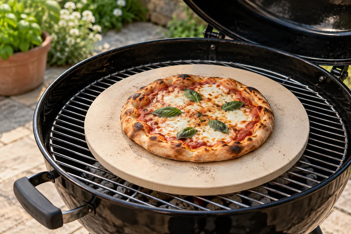Pizza on a stone inside a grill — AI illustration