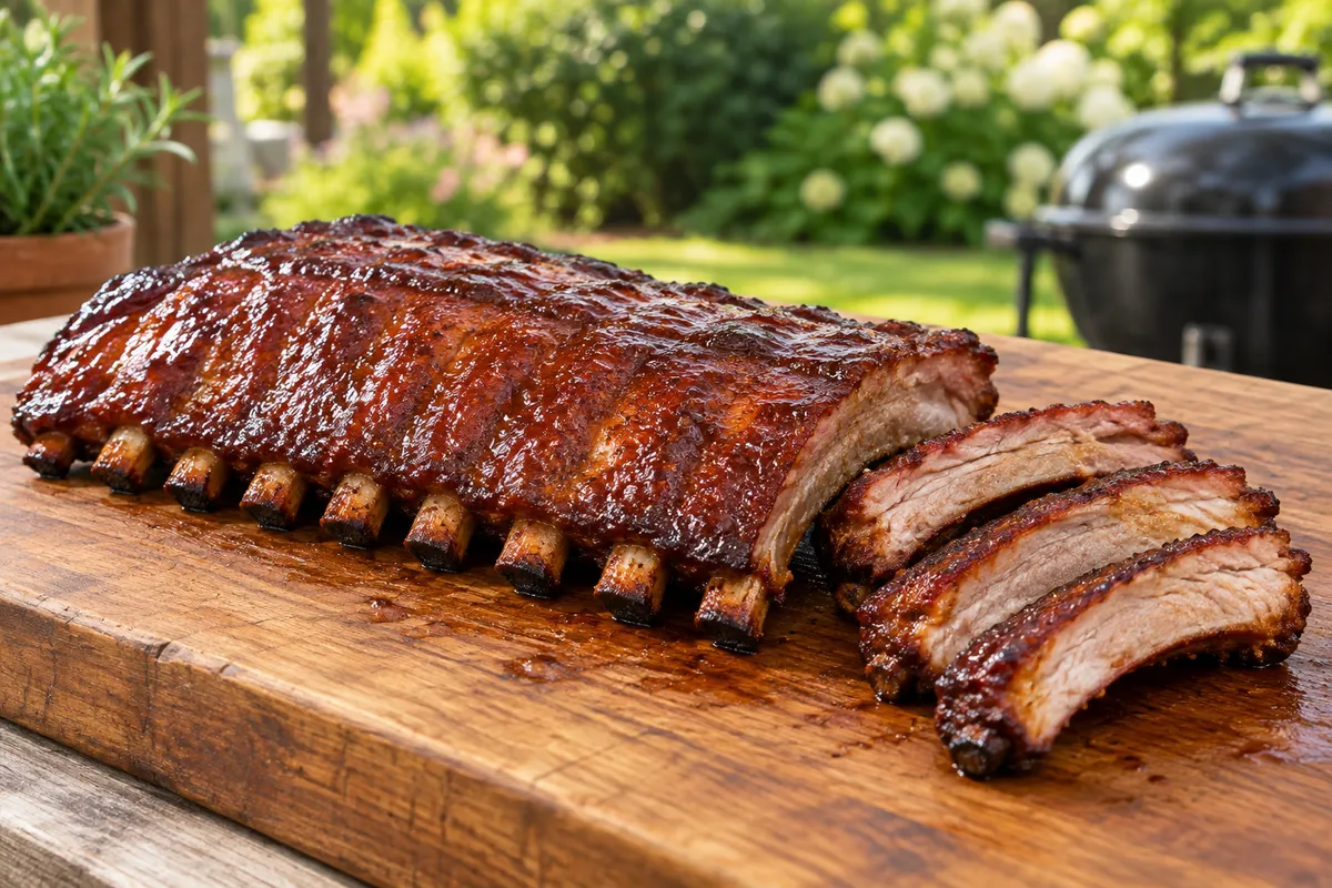 Glazed smoked pork ribs on a board — AI illustration