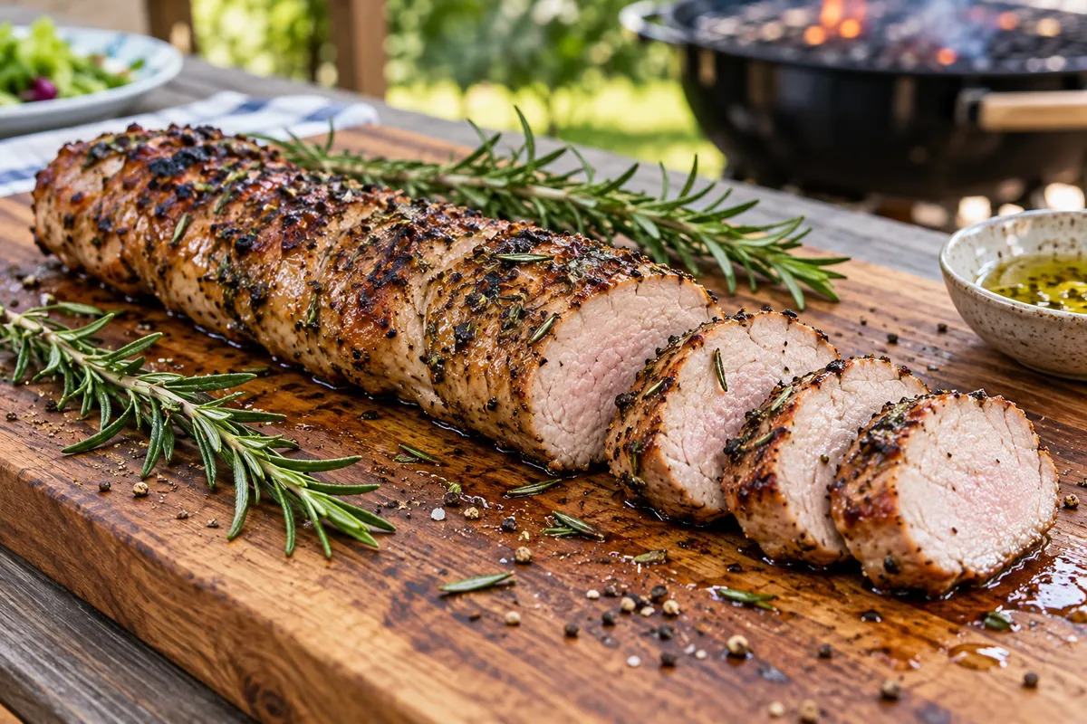 Sliced grilled pork tenderloin with rosemary — AI illustration