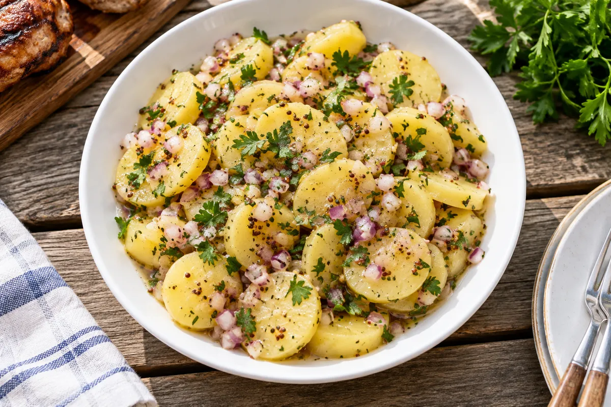 Sliced potato salad with mustard vinaigrette — AI illustration