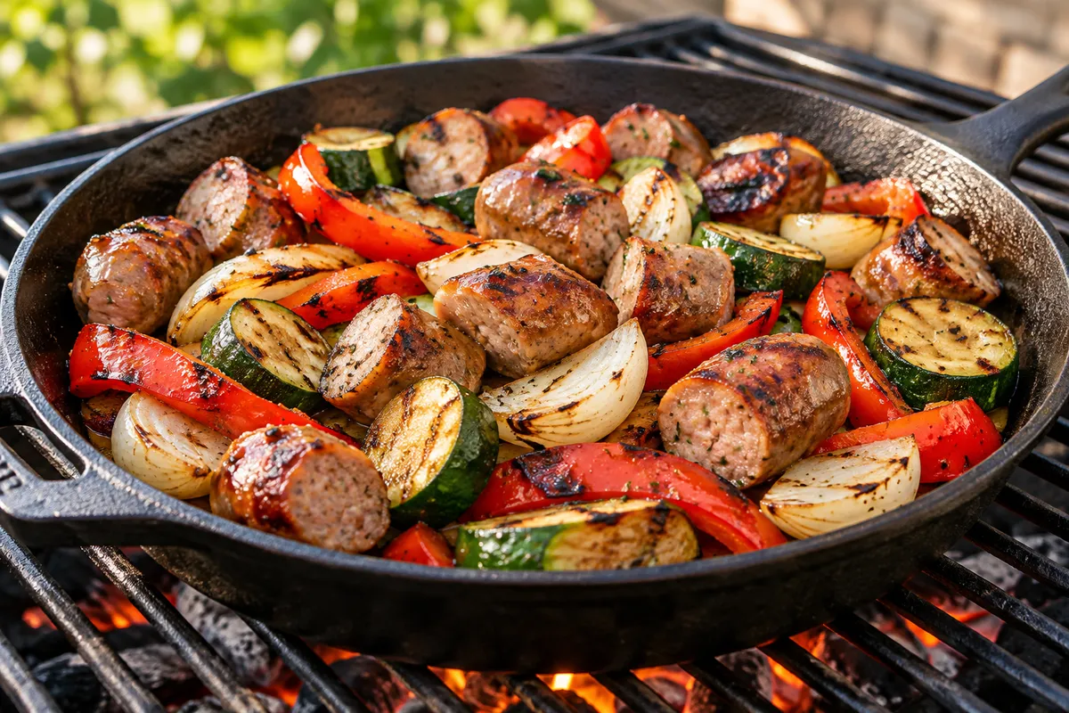 Sausage and vegetables in a grill pan — AI illustration