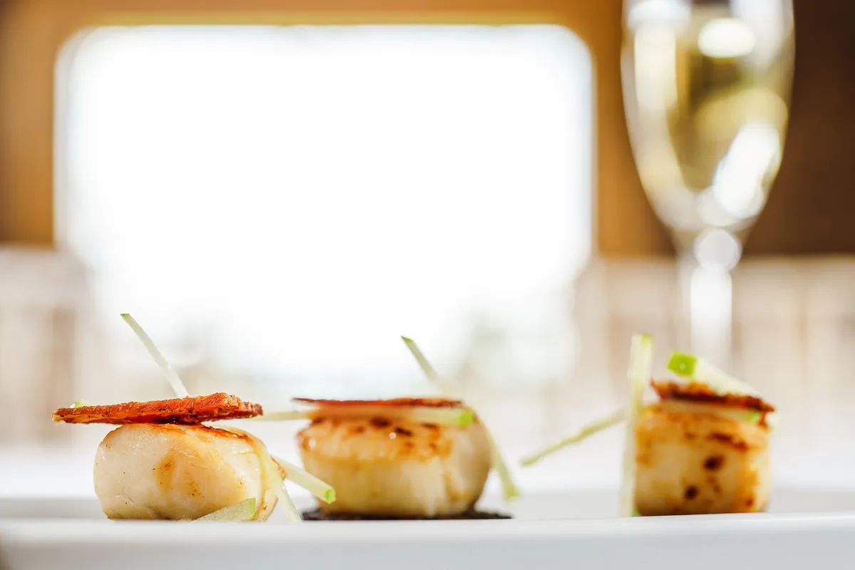 Seared scallops on a white plate