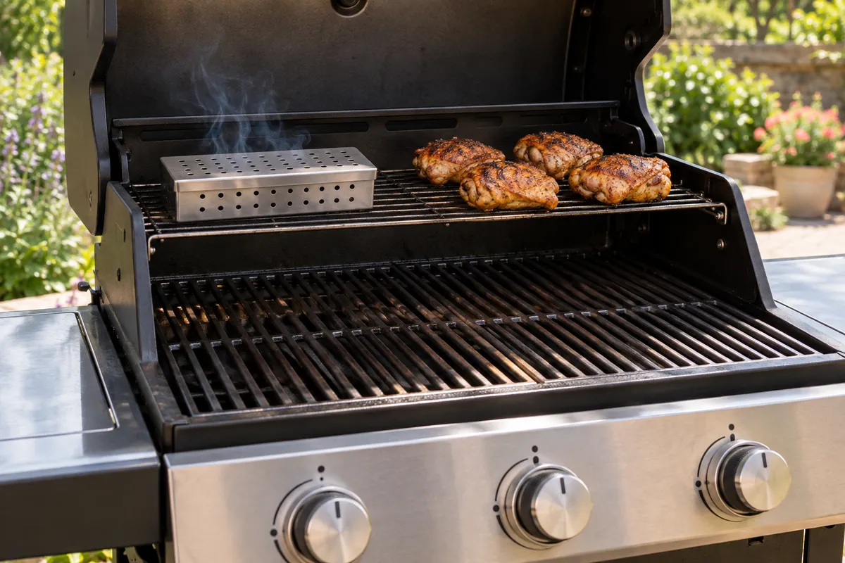 A smoker box inside a gas barbecue — AI illustration