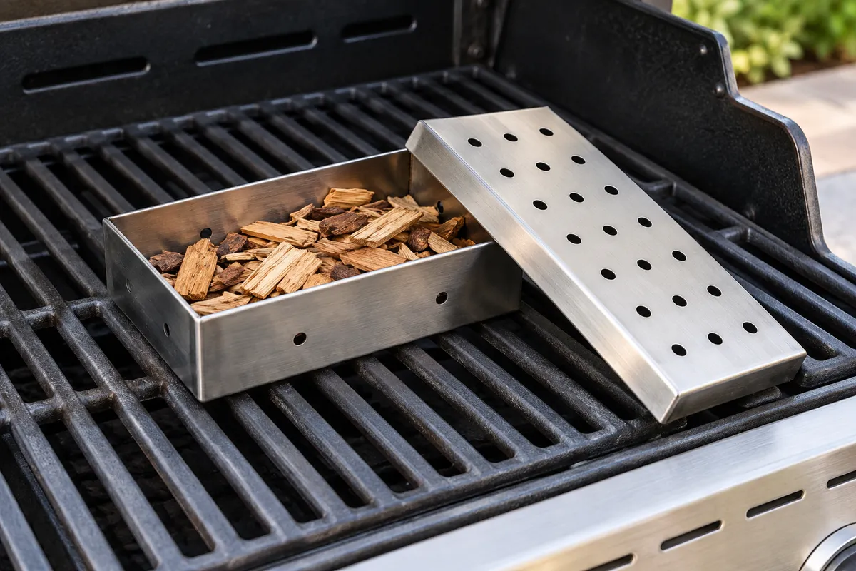 A stainless smoker box with wood chips — AI illustration
