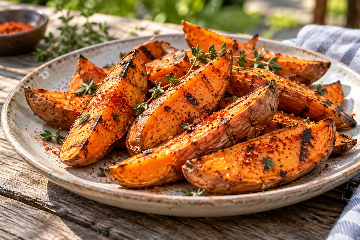 Grilled orange sweet potato wedges — AI illustration