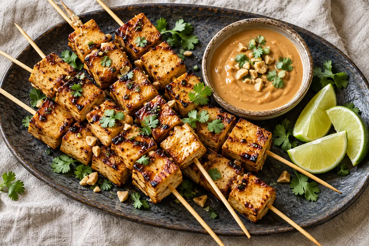 Grilled tofu skewers with peanut sauce — AI illustration