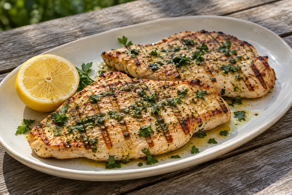 Grilled turkey steaks with herb oil — AI illustration