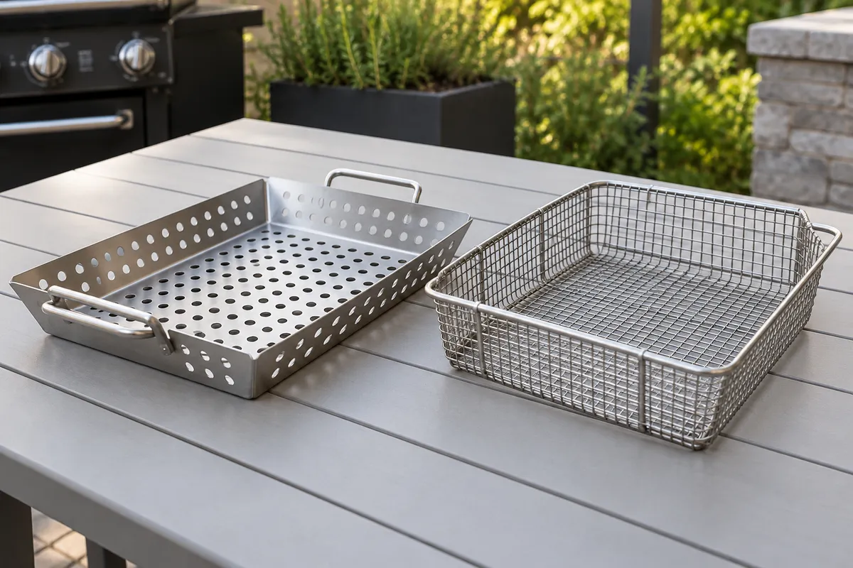 Two empty vegetable grilling baskets — AI illustration
