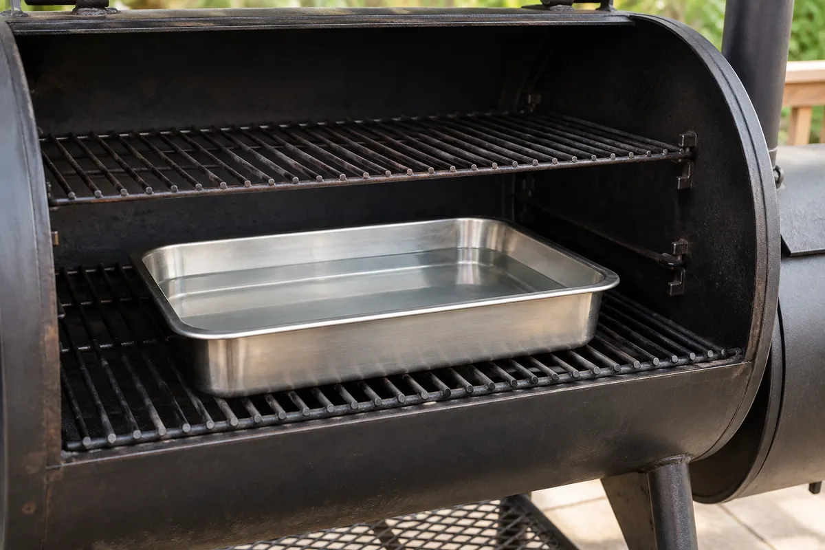 A water pan on the lower rack of a smoker — AI illustration
