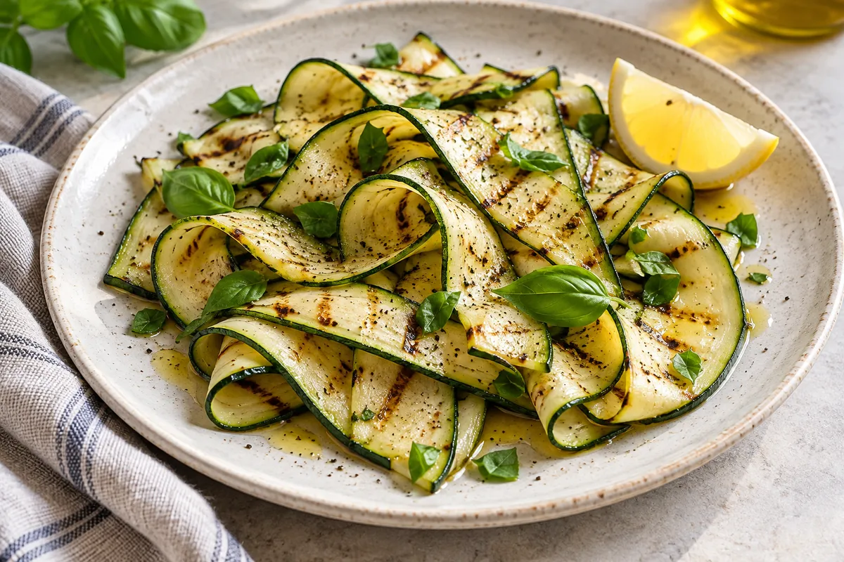 Grilled zucchini ribbons with basil and lemon — AI illustration